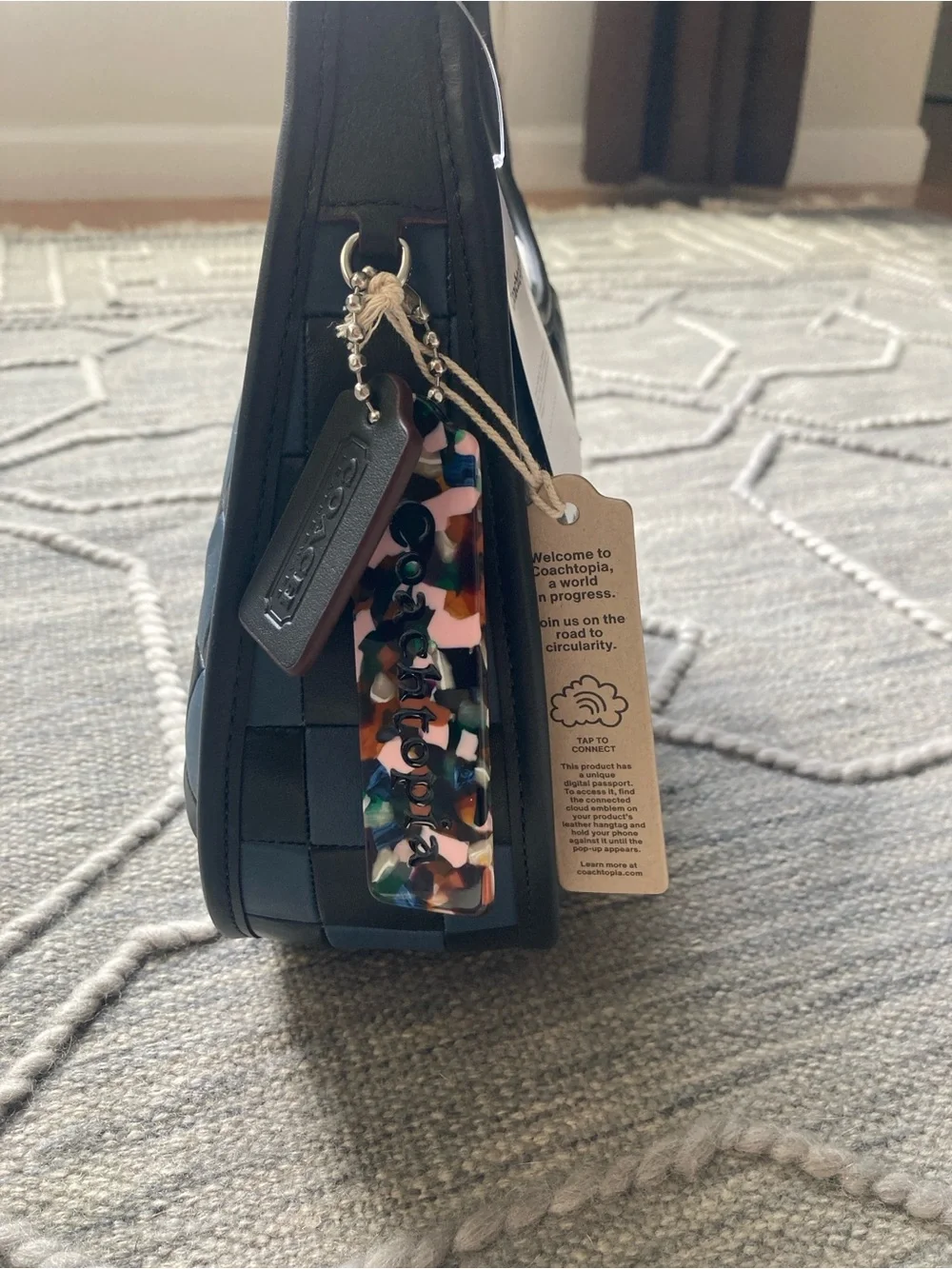 COACHTOPIA Woven Checker Hobo Shoulder Bag in Dark Blue and Black-Real Leather
